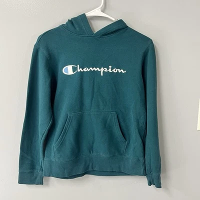 champion hoodie dark green teal script logo kids size large - Image 1 of 4