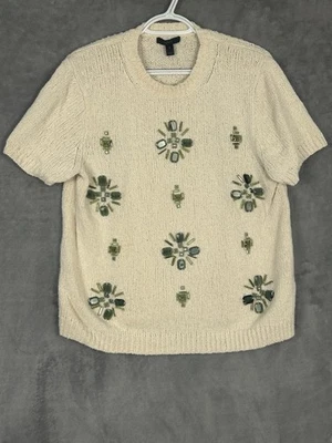 Suéter tejido J Crew para mujer XL blanco grueso pedrería lino esmeralda Foto 1 de 4