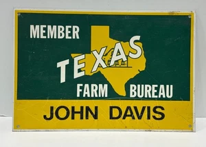 Vtg Texas Farm Bureau Green & Yellow Metal Sign John Davis Aluminum collectible - Picture 1 of 7