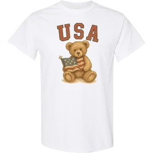 Inktastic Patriotic USA Teddy Bear With American Flag T-Shirt Holiday Mens Tees - Picture 1 of 8