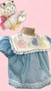 Vintage 3 Mo. Blue Dress Diaper Shirt With Lace Trim Kittens - Picture 1 of 11