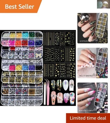 Kit de dijes todo en uno para arte en uñas con pegatinas doradas y diamantes de imitación coloridos Foto 1 de 4
