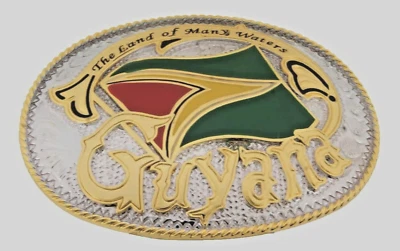Fivela de cinto Guiana Georgetown bandeira da Guiana Caribe nação ouro prata metal - Imagem 1 de 4