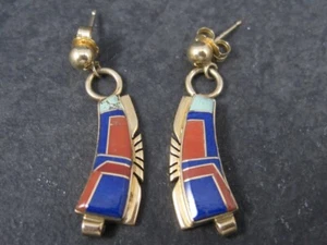 Vintage 14K Inlay Earrings Lapis Coral Turquoise Southwestern - Picture 1 of 5