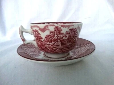 Wood & Sons Enoch Pink English Scenery 2 3/8th Flat Cup & Saucer Set GUC - Image 1 of 4