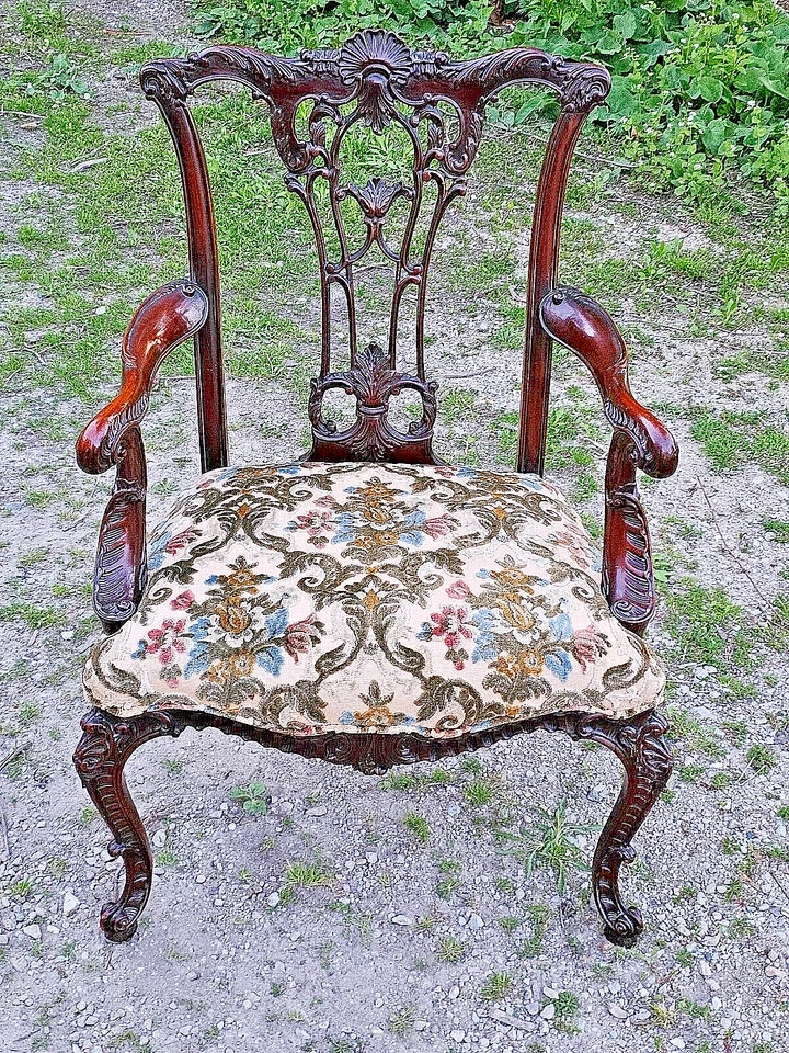 Poltrona brocada antiga rara George II mogno ornamentada sotaque - Imagem 1 de 4