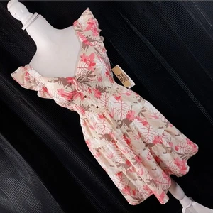 Neu mit Etikett! Steve Madden, NYC! PEACH, HELLBRAUN, WEISS GERAFFTE TAILLE TROPISCHES SONNENKLEID! Gr. M - Bild 1 von 10