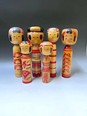 Figura muñeca de madera japonesa KOKESHI pintada a mano 6 tipo 12,2 - 9 pulgadas Foto 1 de 4