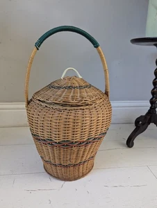 Antique Round Basket Woven Wicker Storage Vintage Handmade Dome Lid Handle - Picture 1 of 24