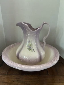 Vintage Ironstone Pitcher & Basin Bowl In Lilac/Purple/White with Flowers - Picture 1 of 13