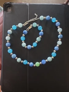 Plata 925 vintage facetada teñida? Juego de pulsera collar piedra tonos azules - Imagen 1 de 3