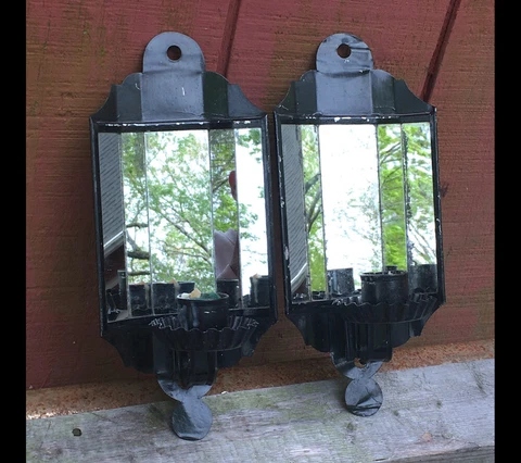 Vintage Pair Tin Metal Faceted Mirror Colonial style Candle Wall SCONCES Cover