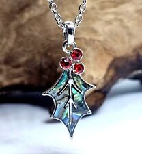 Holly Abalone Pendant Necklace Red CZ Berries 20" Chain Paua Shell Jewellery