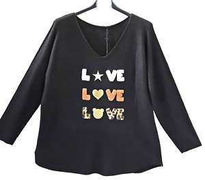 LES FRERES by LA BASS słodki lagenlook przytulny sweter 44-46 LOVE czarny