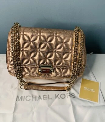 New Michael Kors Sloan Gold Chain Quilted Leather Shoulder Bag Rose Gold Shiny - Image 1 of 4
