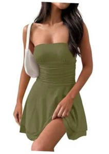 Women's 2024 Summer Strapless Tube Dress Sexy Off Shoulder Small Army Green - Picture 1 of 7