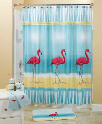 Flamingo Paradise Bath Collection Bath Shower Curtain OR set of 2 hand Towels - Image 1 of 3