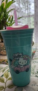 Hello Kitty 32 Unzen Blau Reise Kunststoff Becher Tasse Strohhalm Deckel Sanrio 2020 NEU - Bild 1 von 4