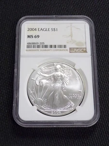 2004 AMERICAN SILVER EAGLE 1oz .999 FINE SILVER NGC GRADED MS69 $1 COIN USA - Picture 1 of 2