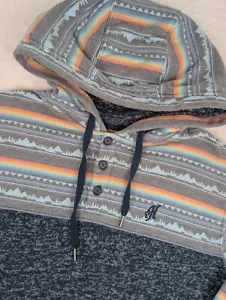 Hooey Aztec 1/4 Button Hoodie Mens Medium Blue Multicolor Sweatshirt Fleece - Picture 1 of 10