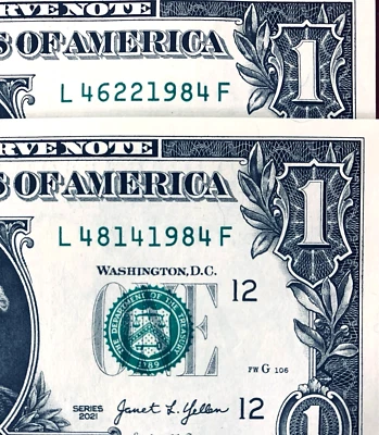 1984 Trailing Birth Year  One Dollar Bill Fancy Serial Numbers  Lot of 2 - Image 1 of 3