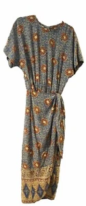 Vintage Maggy London 1980s 100% Silk Wrap Dress Maxi Length Navy Gold Floral - Picture 1 of 11