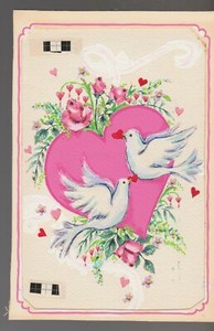 VALENTINES DAY Painted Doves w/ Hears & Roses 5x7" Greeting Card Art #V3718