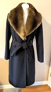 WORTHINGTON Womens Black LG Wool Blend Dress Trench Coat BIG Faux Fur Collar NWT - Picture 1 of 24