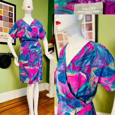 Vestido de fiesta vintage años 80 90 100 % seda audaz floral imitación envoltura vestido de crucero ML Foto 1 de 4