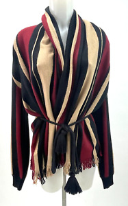 LANVIN 2015 Striped Wool Wrap Coat Sweater Cardigan w/ Fringe Size M