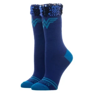 Wonder Woman 1 Pair of Women's Casual Crew Socks w/ Sequin Cuff Blue DC Comics  - Picture 1 of 2