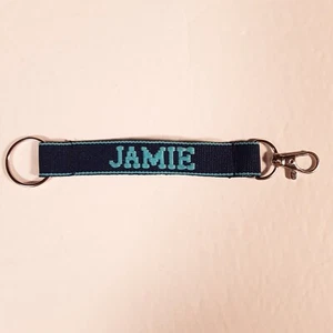 JAMIE Embroidered Name Strap Key Ring Keychain with Clasp Dk Blue & Lt Blue - Picture 1 of 9