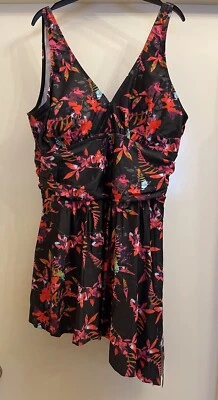 Women’s Black With Red Floral Print One Piece V Neck Swimdress Side Split Skirt  - Image 1 of 3
