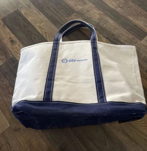 L.L. Bean Boat & Tote Bag Natural & Navy Trim Canvas Monogrammed Large - Picture 1 of 14