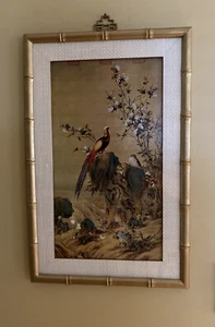 Vintage Lang "Pheasants among Rocks & Flowers" Wall Art Picture w/Bamboo Frame - Picture 1 of 8