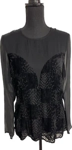 NANETTE LEPORE MUJER TOP DE SEDA TERCIOPELO TRANSPARENTE NEGRO - MANGAS LARGAS - TALLA: 2 - ¡COMO NUEVO! - Imagen 1 de 4