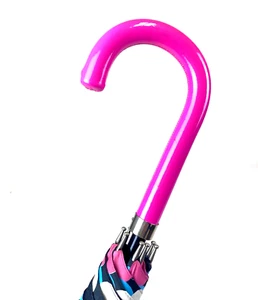 Ladies Multi Dot Stick Umbrella Patent Leather Pink Handle - Picture 1 of 3