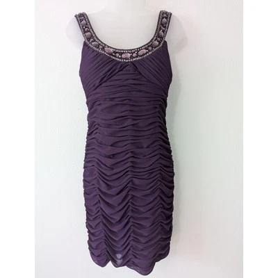 Vtg 90s Cache Size 8 Purple Bodycon Beaded Ruched Cocktail Dress Prom Event New - Image 1 of 4
