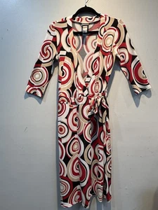BISOU BISOU MULTI-COLOR GEOMETRIC DESIGN 3/4 SLEVE WRAP DRESS SIZE 4 - Picture 1 of 8
