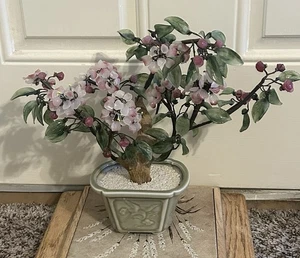 Vintage Large Asian Jade Agate Glass Cherry Blossom Flowers Leaves Bonsai Tree - Picture 1 of 12