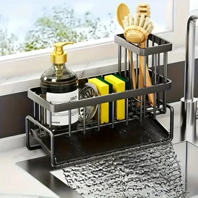 Stainless Steel Kitchen Sink Sponge Organizer Rack with Chopsticks Towel Holder - Image 1 of 4