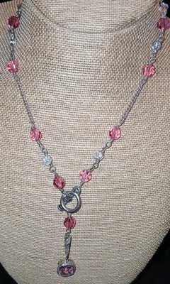 Delicado Colar Silvertone Rosa e Vidro Transparente Cristal Y Gota Glam Barbiecore - Imagem 1 de 4