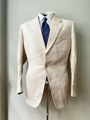 Chaqueta de bolsillo G2U Anon a medida Arnys Rubinacci beige lino seda espiga parche Foto 1 de 4