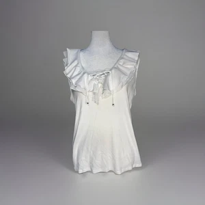 Chaps White Sleeveless Top Ruffles Laced Neckline Size XL 100% Cotton - Picture 1 of 6