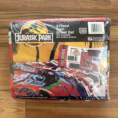 Vintage 1990s Jurassic Park 3 Piece Twin Bed Sheet Set NOS NIP By Bibb - Image 1 of 4
