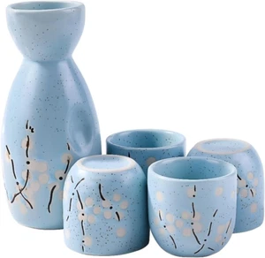 Ceramic Japanese Saki Set 1 Sake Bottle and 4 Cups 5 Pieces Plum Blossom Style f - Picture 1 of 7
