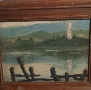 Miniature Oil Painting on Canvas Church on River Framed - Picture 1 of 3