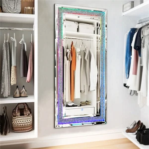 RGB LED Full Length Mirror Crushed Diamond Mirror Wall Mounted Free Standing - Picture 1 of 12