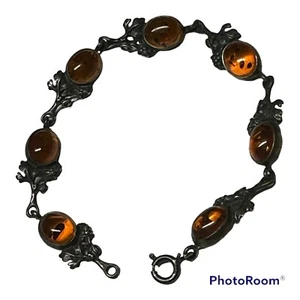 Old 925 Silver Bracelet With Honey Amber Cabochons - Picture 1 of 5