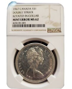 1967 Canada Silver Goose $1 Dollar Double Struck  Collar NGC MS62 Mint Error